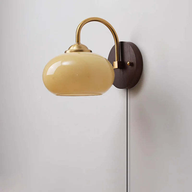 Mid-Century Cream Oval Ash Wood Glass Sconce