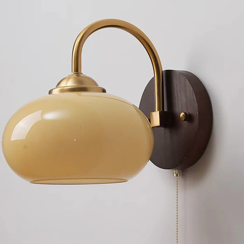Mid-Century Cream Oval Ash Wood Glass Sconce