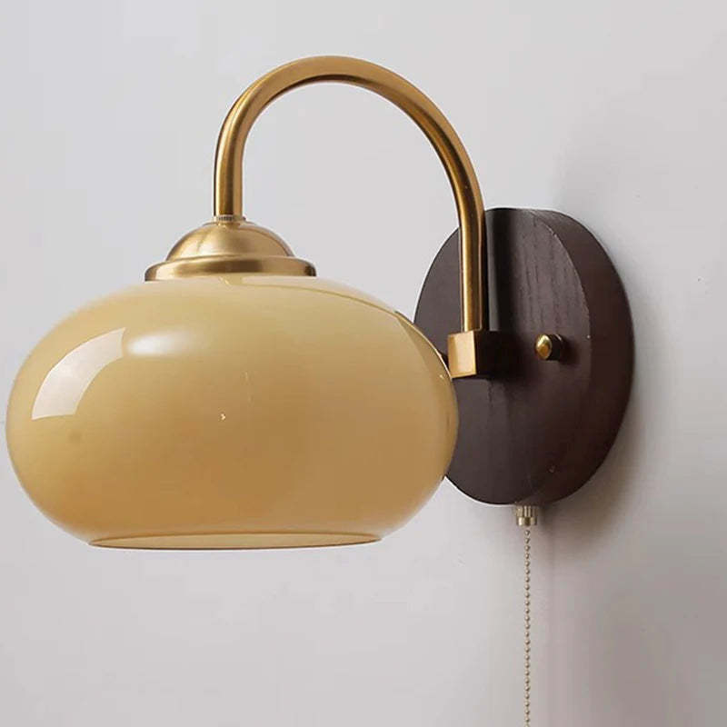 Mid-Century Cream Oval Ash Wood Glass Sconce