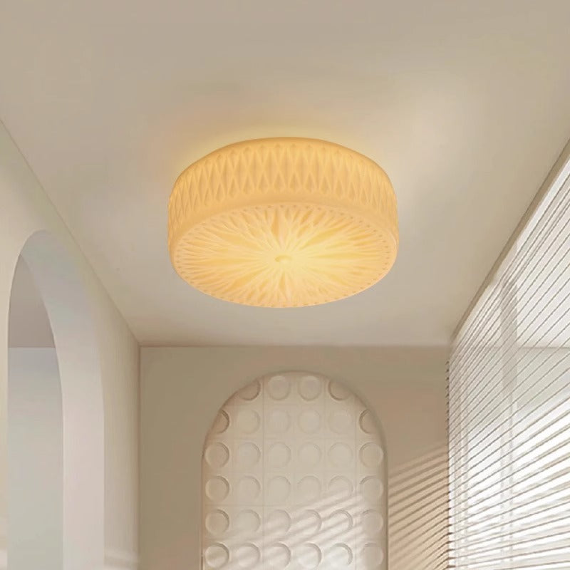 Mid-Century Cream Cylinder Dome Iron Glass LED Flush Light