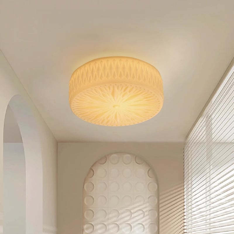 Mid-Century Cream Cylinder Dome Iron Glass LED Flush Light