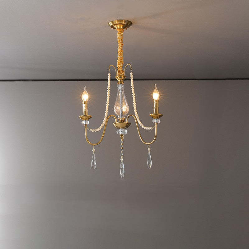 French Pearl Candle Iron Crystal Glass Chandelier