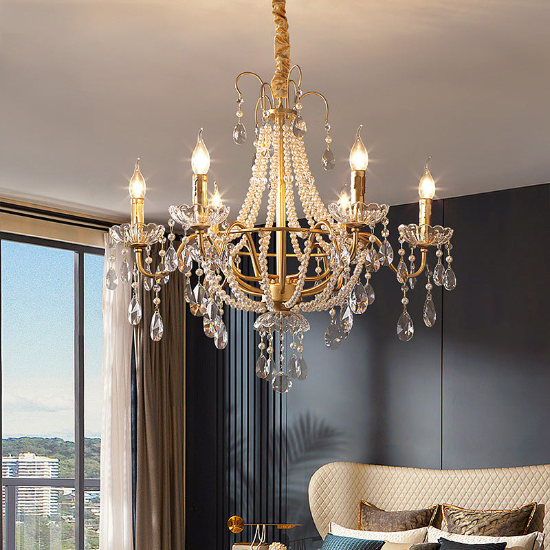 French Pearl Candle Iron Crystal Glass Chandelier