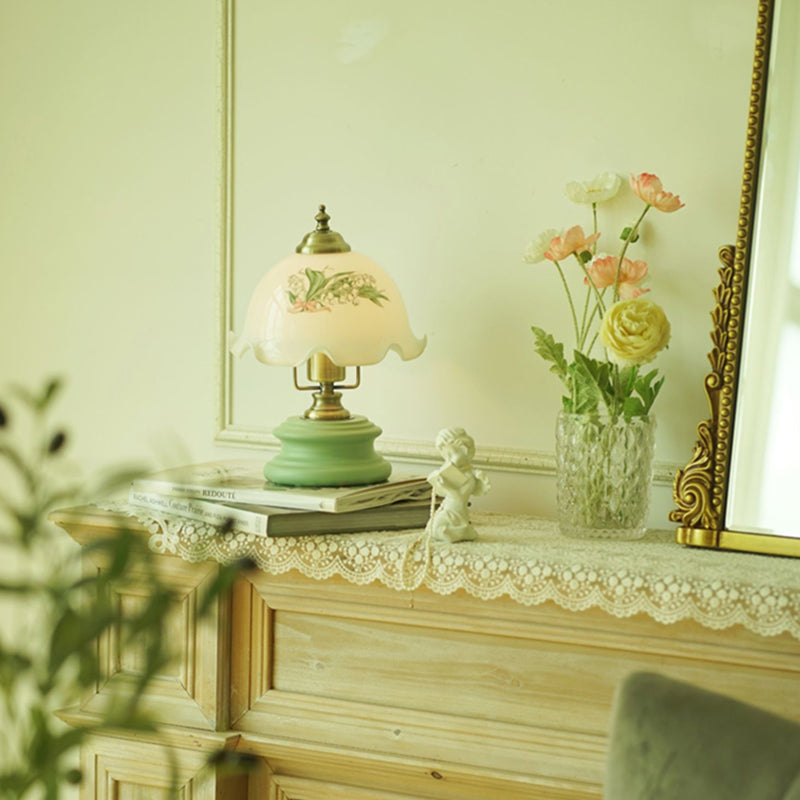 French Flower Glass Iron Solid Wood LED Table Lamp