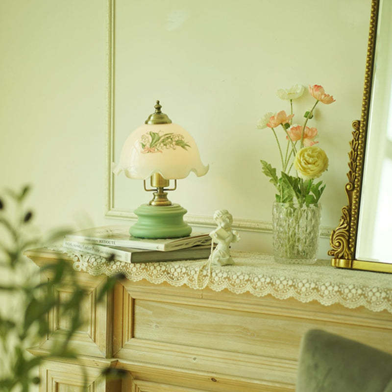French Flower Glass Iron Solid Wood LED Table Lamp