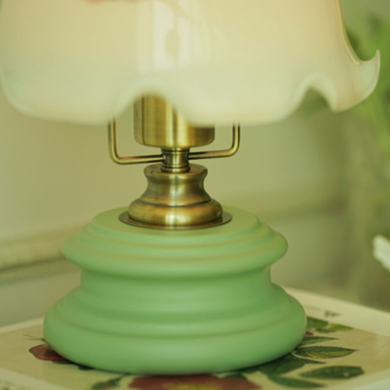 French Flower Glass Iron Solid Wood LED Table Lamp