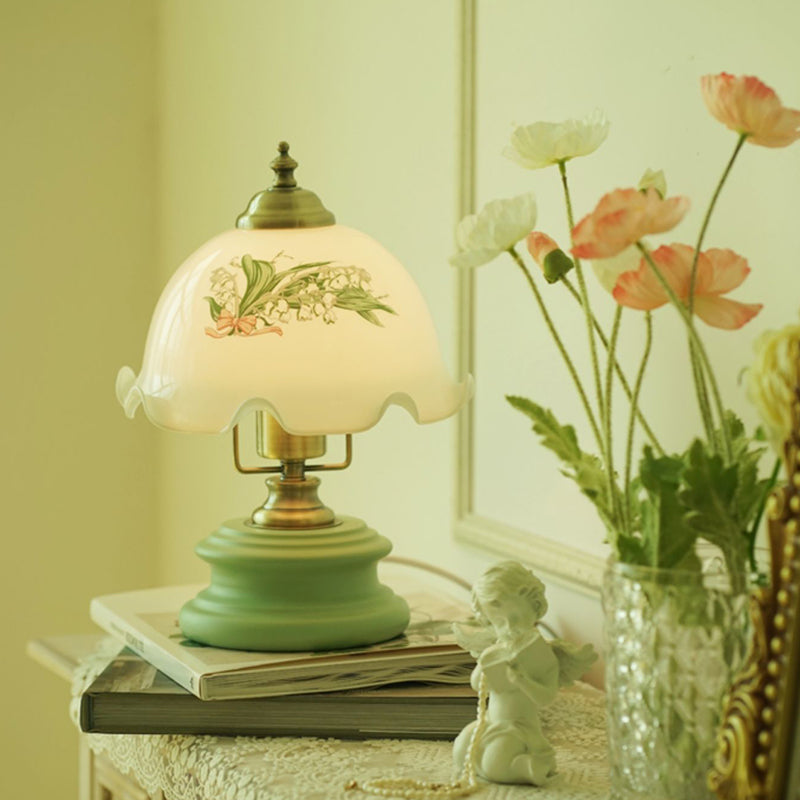 French Flower Glass Iron Solid Wood LED Table Lamp