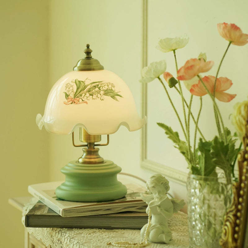 French Flower Glass Iron Solid Wood LED Table Lamp