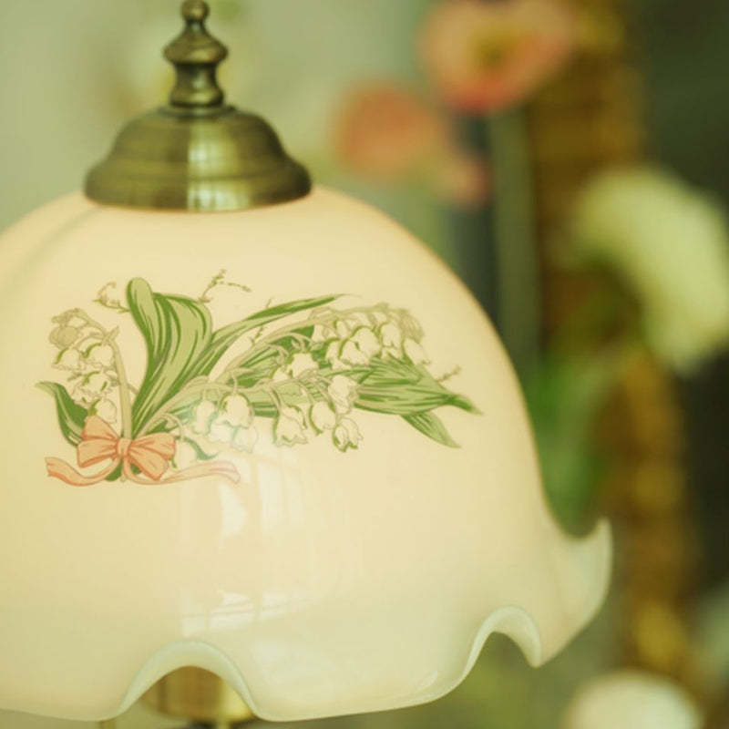 French Flower Glass Iron Solid Wood LED Table Lamp