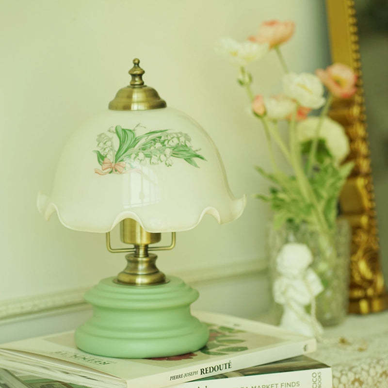 French Flower Glass Iron Solid Wood LED Table Lamp