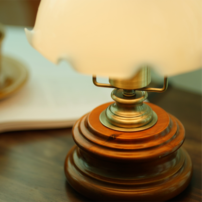 French Flower Glass Iron Solid Wood LED Table Lamp