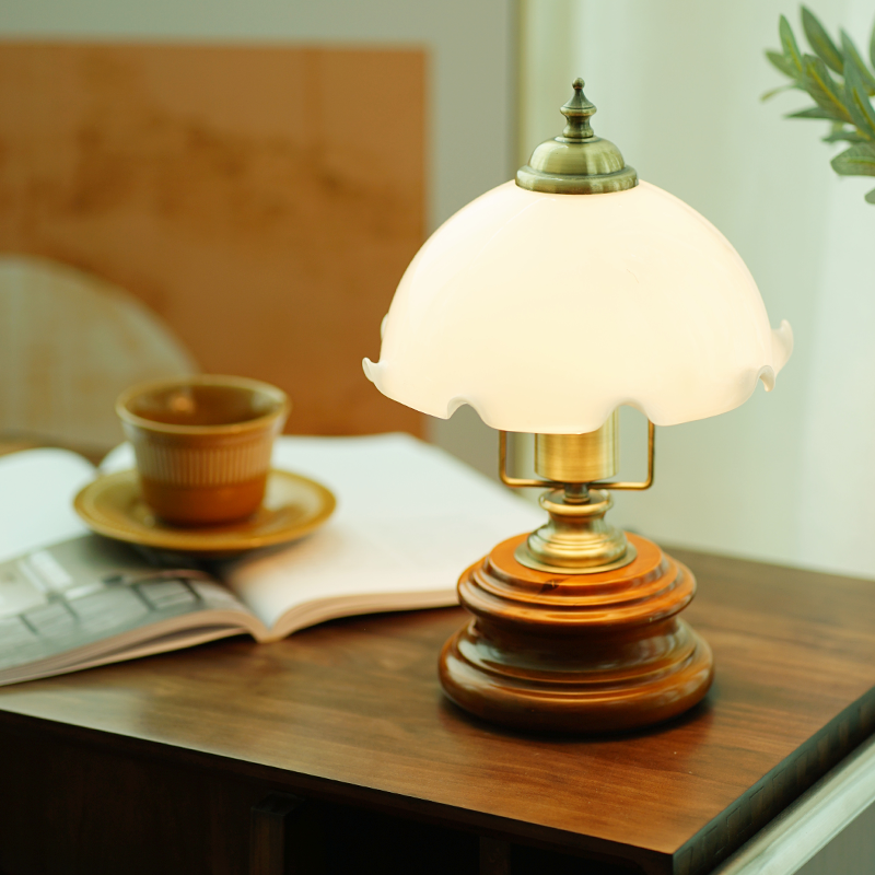 French Flower Glass Iron Solid Wood LED Table Lamp