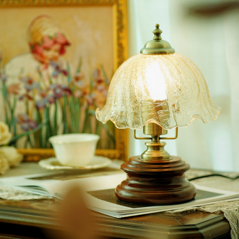 French Flower Glass Iron Solid Wood LED Table Lamp