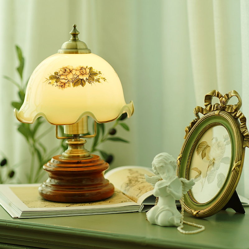 French Flower Glass Iron Solid Wood LED Table Lamp