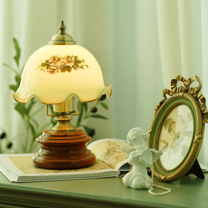 French Flower Glass Iron Solid Wood LED Table Lamp