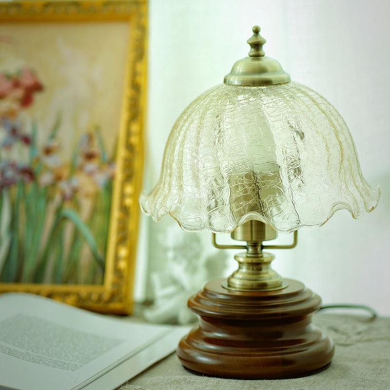 French Flower Glass Iron Solid Wood LED Table Lamp
