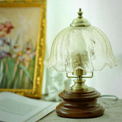 French Flower Glass Iron Solid Wood LED Table Lamp