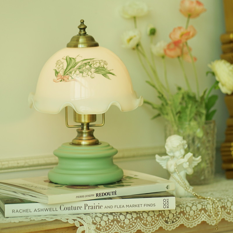 French Flower Glass Iron Solid Wood LED Table Lamp