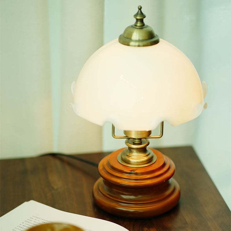 French Flower Glass Iron Solid Wood LED Table Lamp