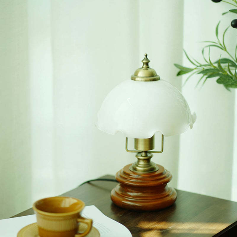 French Flower Glass Iron Solid Wood LED Table Lamp