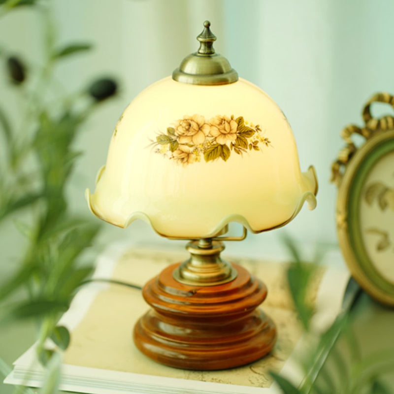French Flower Glass Iron Solid Wood LED Table Lamp