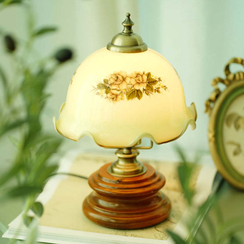 French Flower Glass Iron Solid Wood LED Table Lamp