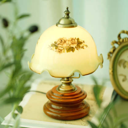 French Flower Glass Iron Solid Wood LED Table Lamp