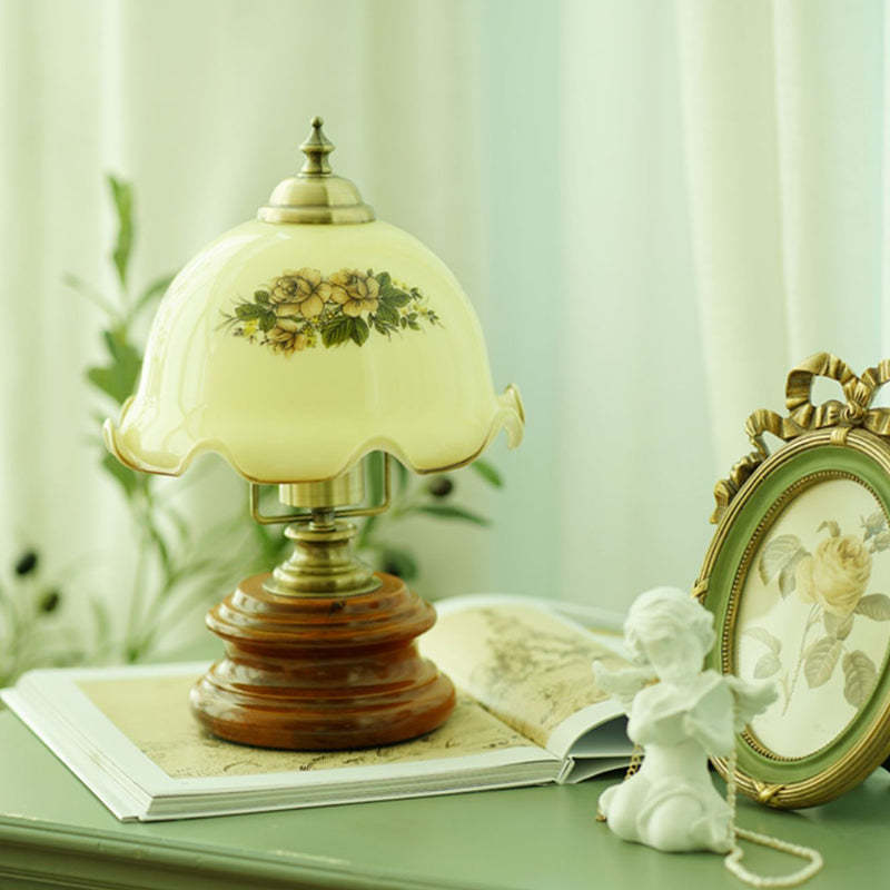 French Flower Glass Iron Solid Wood LED Table Lamp