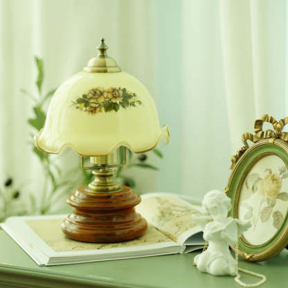 French Flower Glass Iron Solid Wood LED Table Lamp