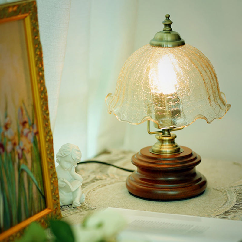 French Flower Glass Iron Solid Wood LED Table Lamp