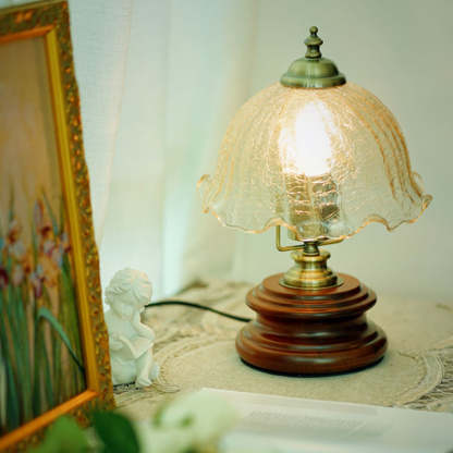 French Flower Glass Iron Solid Wood LED Table Lamp