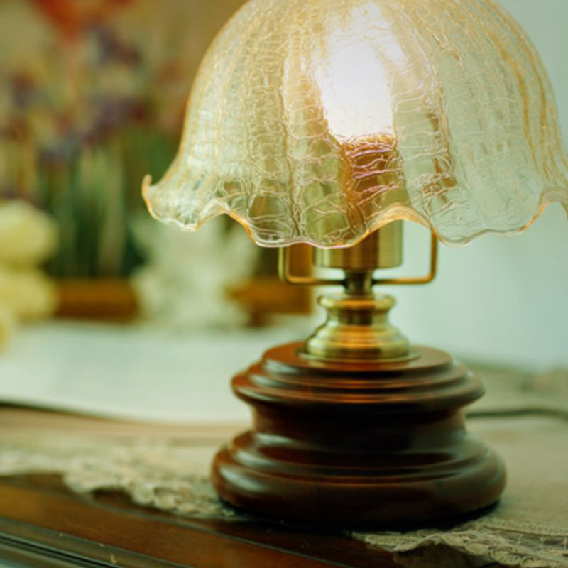 French Flower Glass Iron Solid Wood LED Table Lamp