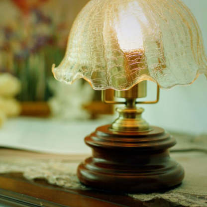 French Flower Glass Iron Solid Wood LED Table Lamp
