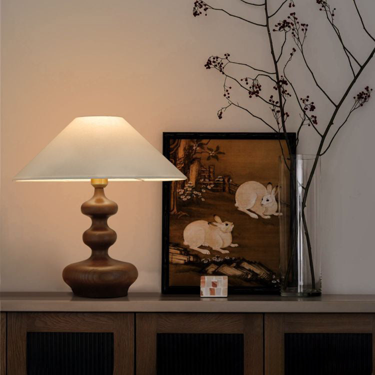 Vintage Cone Ash Wood Fabric Table Lamp