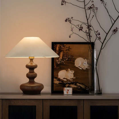 Vintage Cone Ash Wood Fabric Table Lamp