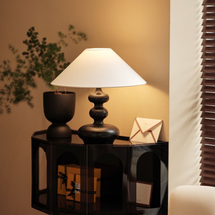 Vintage Cone Ash Wood Fabric Table Lamp