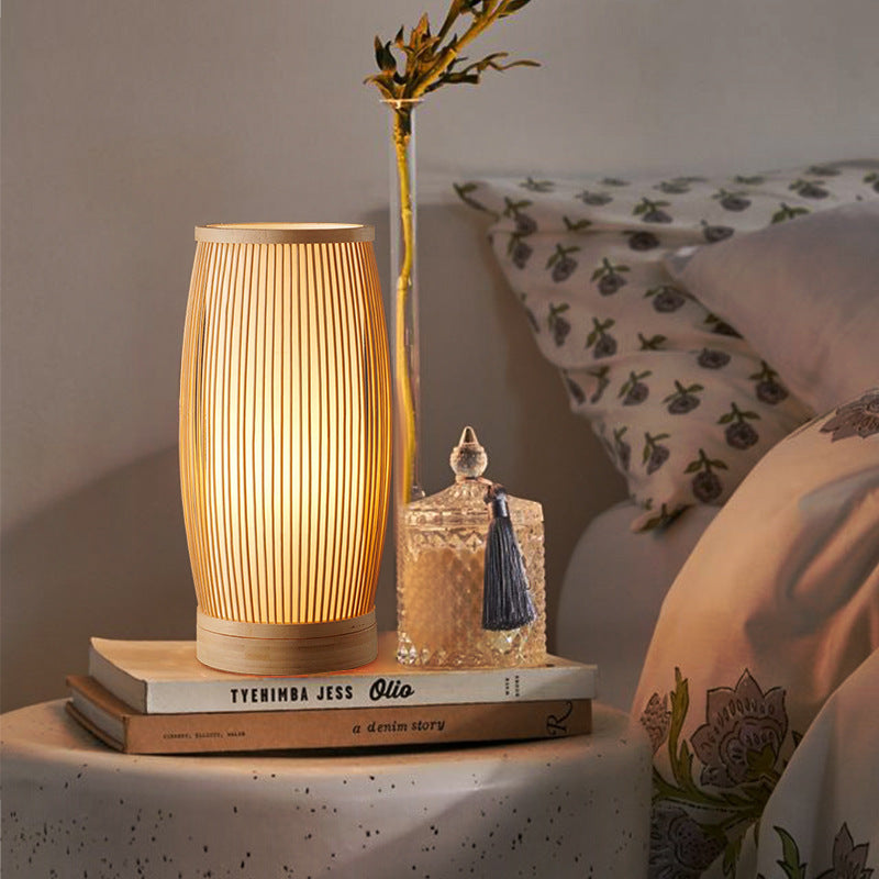 Japanese Cylinder Bamboo Wood Table Lamp