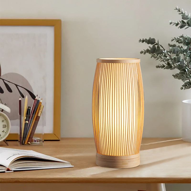 Japanese Cylinder Bamboo Wood Table Lamp