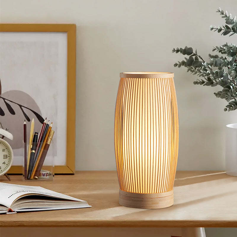 Japanese Cylinder Bamboo Wood Table Lamp