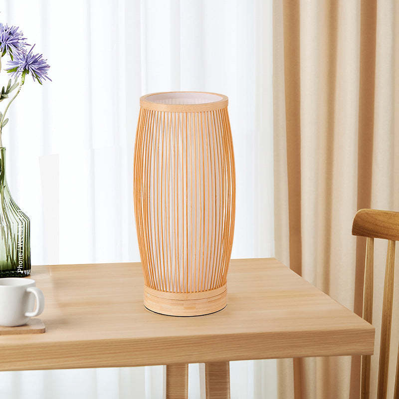 Japanese Cylinder Bamboo Wood Table Lamp