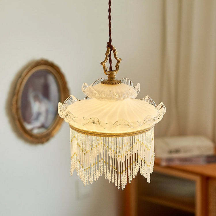 Rustic Crown Tassel Dome Glass Copper Pendant Light