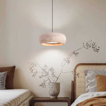 Vintage Round Yellow Travertine Walnut LED Pendant Light — Infinitely Dimmable / 110V-120V For US/CA