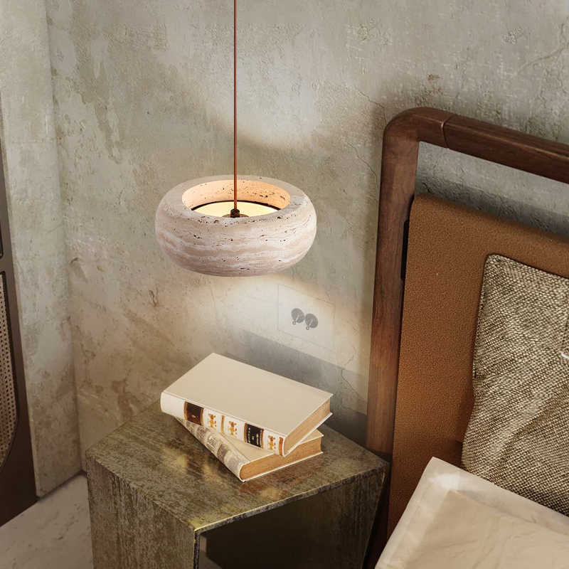 Vintage Round Yellow Travertine Walnut LED Pendant Light
