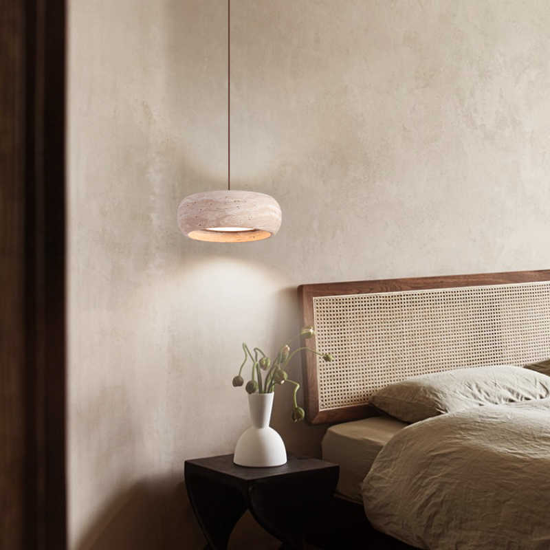 Vintage Round Yellow Travertine Walnut LED Pendant Light — Infinitely Dimmable / 220V-240V For UK/AU