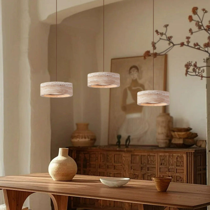 Vintage Round Yellow Travertine Walnut LED Pendant Light