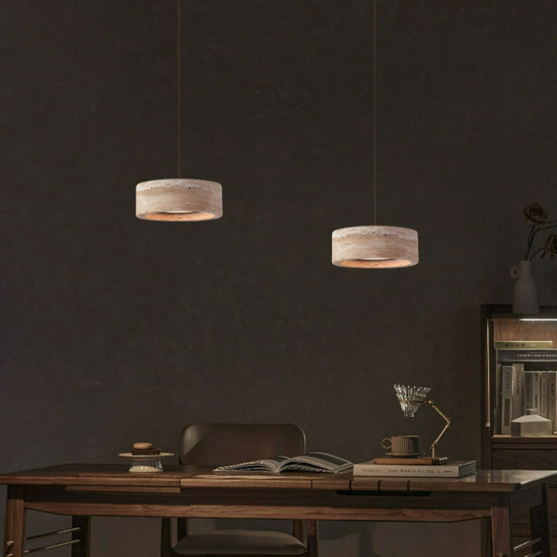 Vintage Round Yellow Travertine Walnut LED Pendant Light