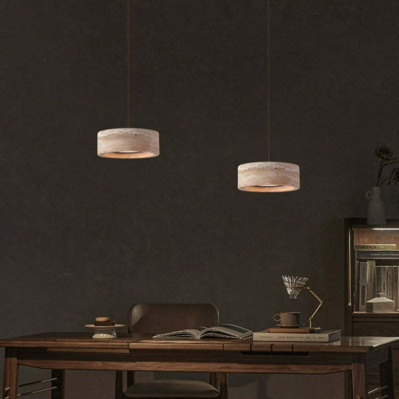 Vintage Round Yellow Travertine Walnut LED Pendant Light