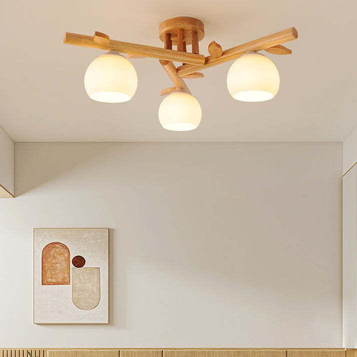 Japanese Dome Iron Oak Wood Semi-Flush Ceiling Light — Original Wood Color - 3 Lights / 110V-120V For US/CA