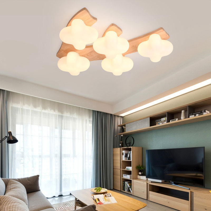 Contemporary Cotton Wood Glass LED Semi-Flush Ceiling Light