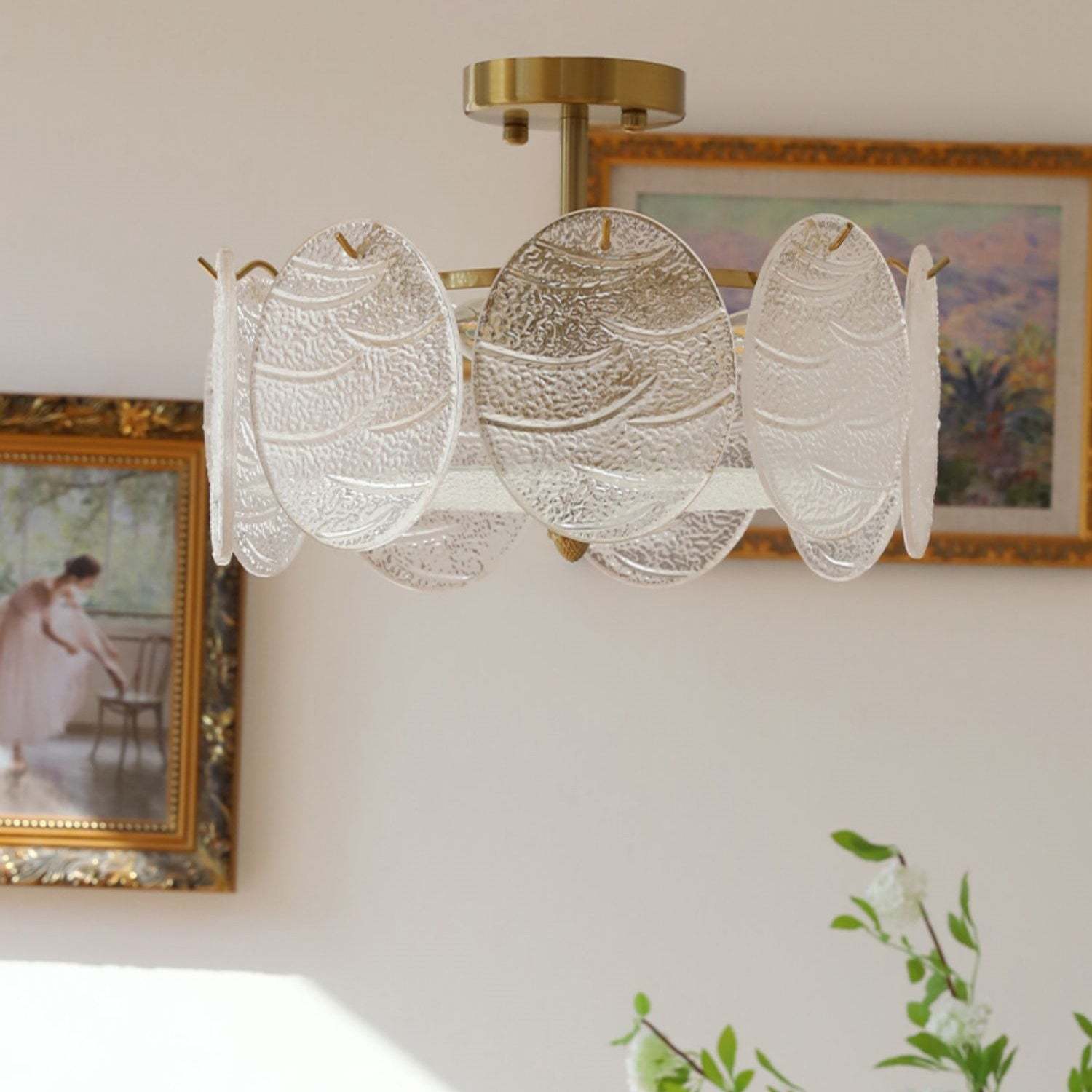 Mid-Century Circle Iron Glass Semi-Flush Ceiling Light